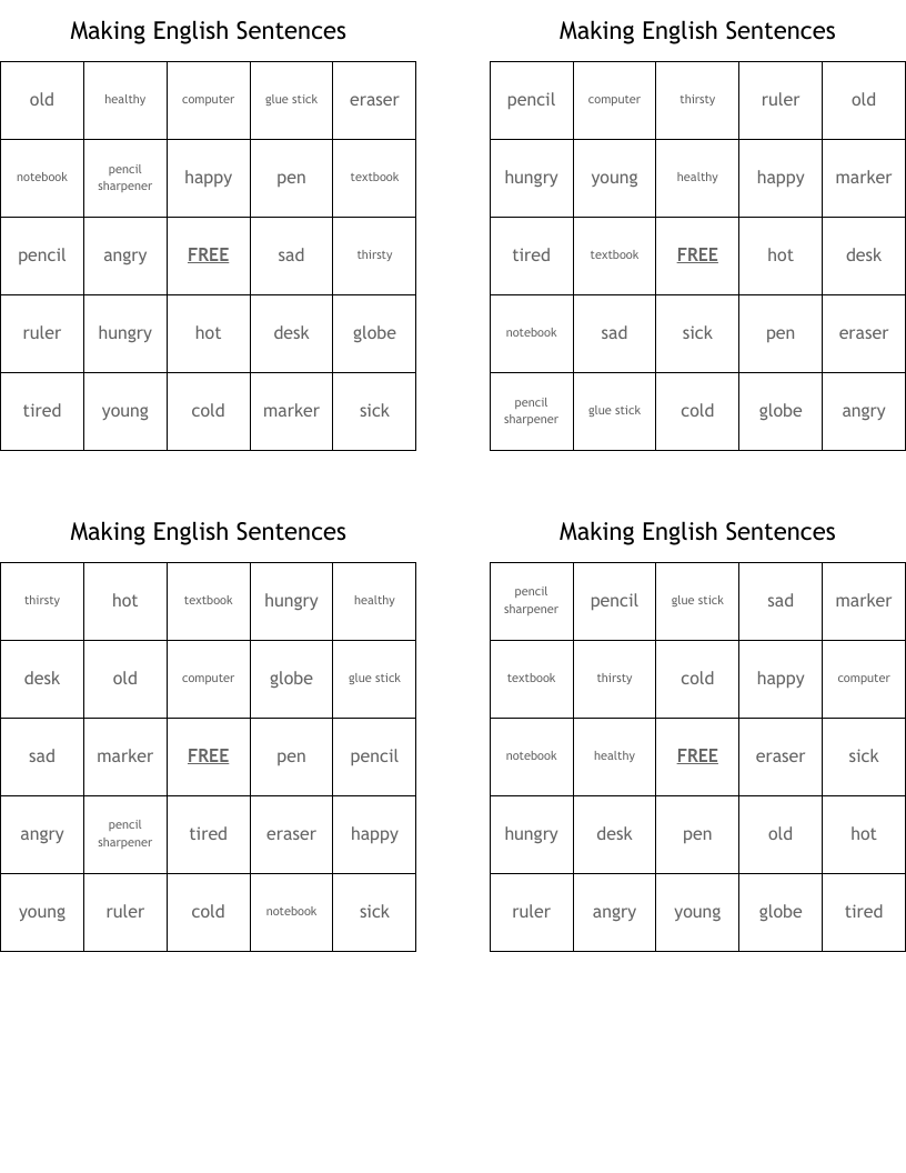 Making English Sentences Bingo Cards WordMint