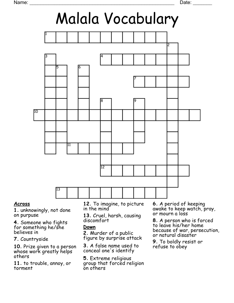 Malala Vocabulary Crossword WordMint