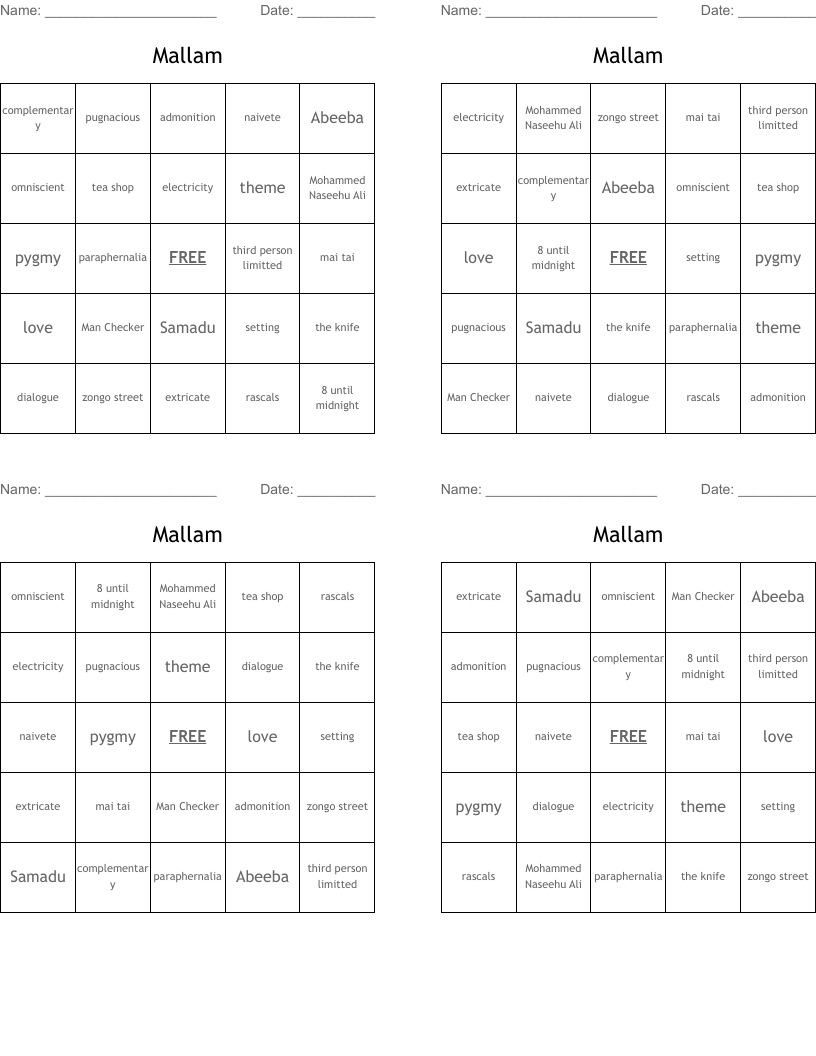 Mallam Bingo Cards WordMint