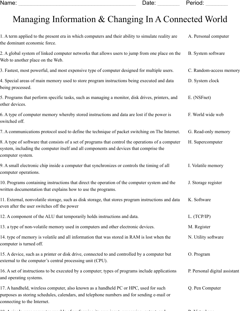 Managing Information & Changing In A Connected World Worksheet WordMint