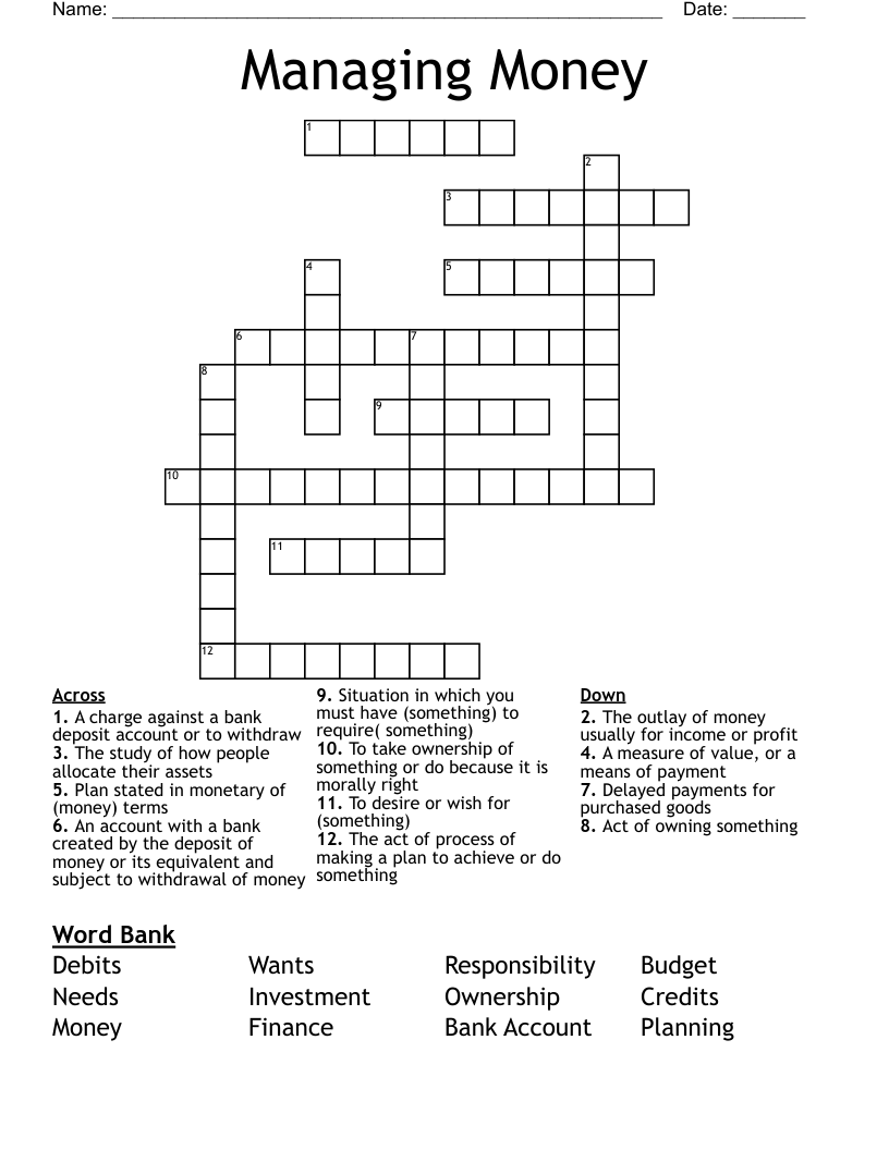 Managing Money Crossword WordMint