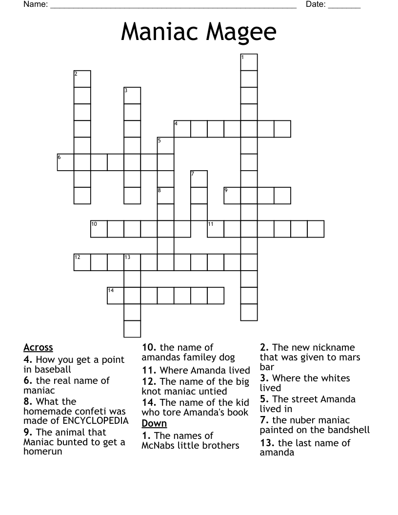 Maniac Magee Crossword WordMint