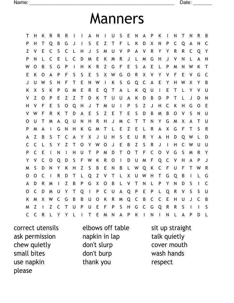 Manners Word Search Puzzle