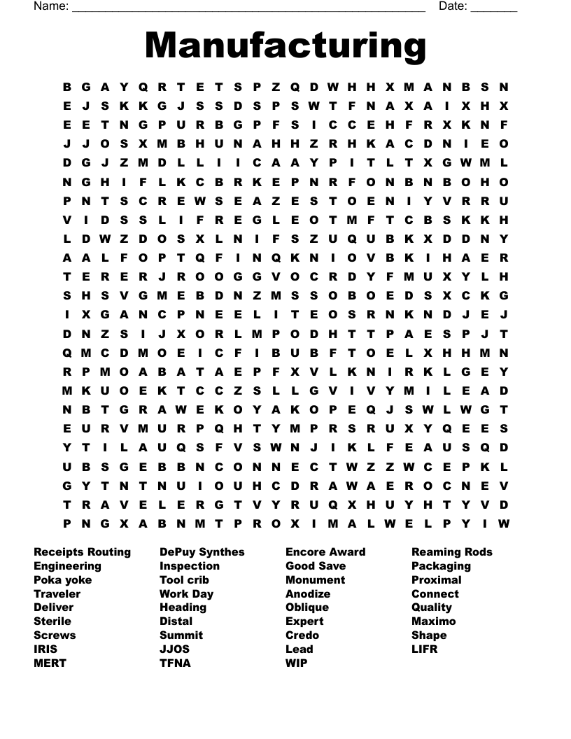 Manufacturing Word Search WordMint