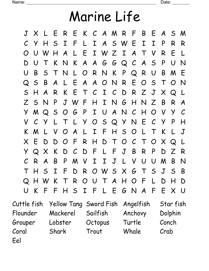 Ocean Life Word Search WordMint