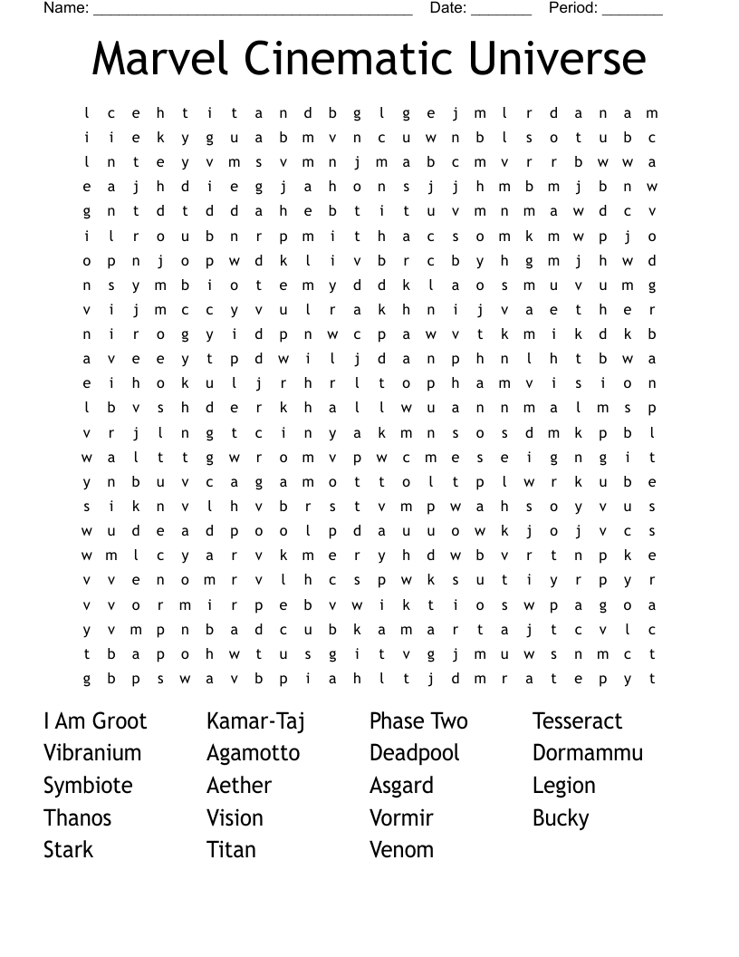 Marvel Cinematic Universe Word Search WordMint