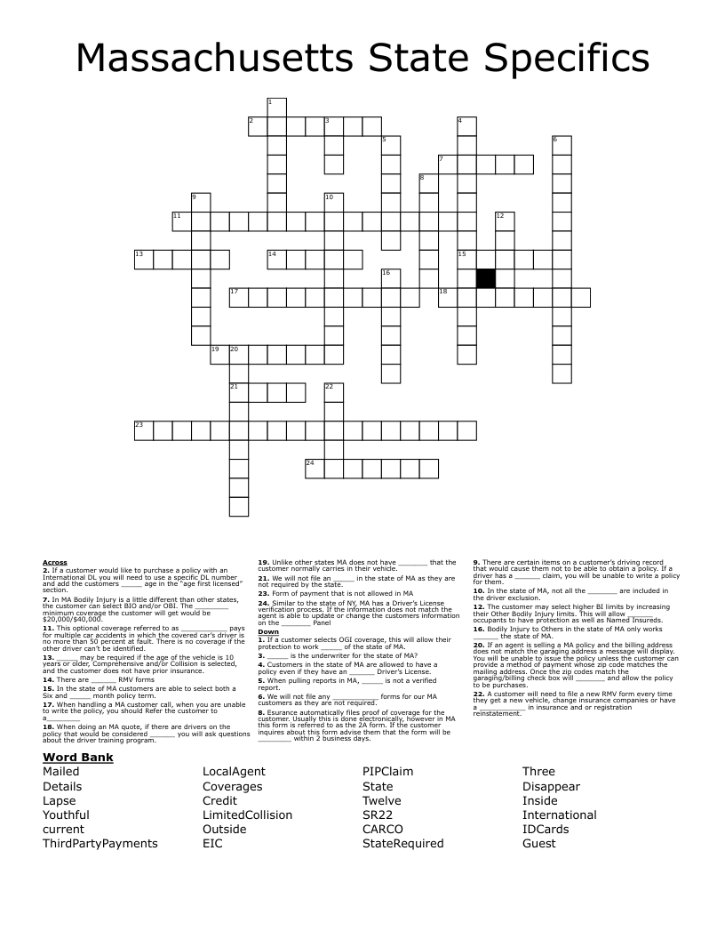 Massachusetts State Specifics Crossword WordMint