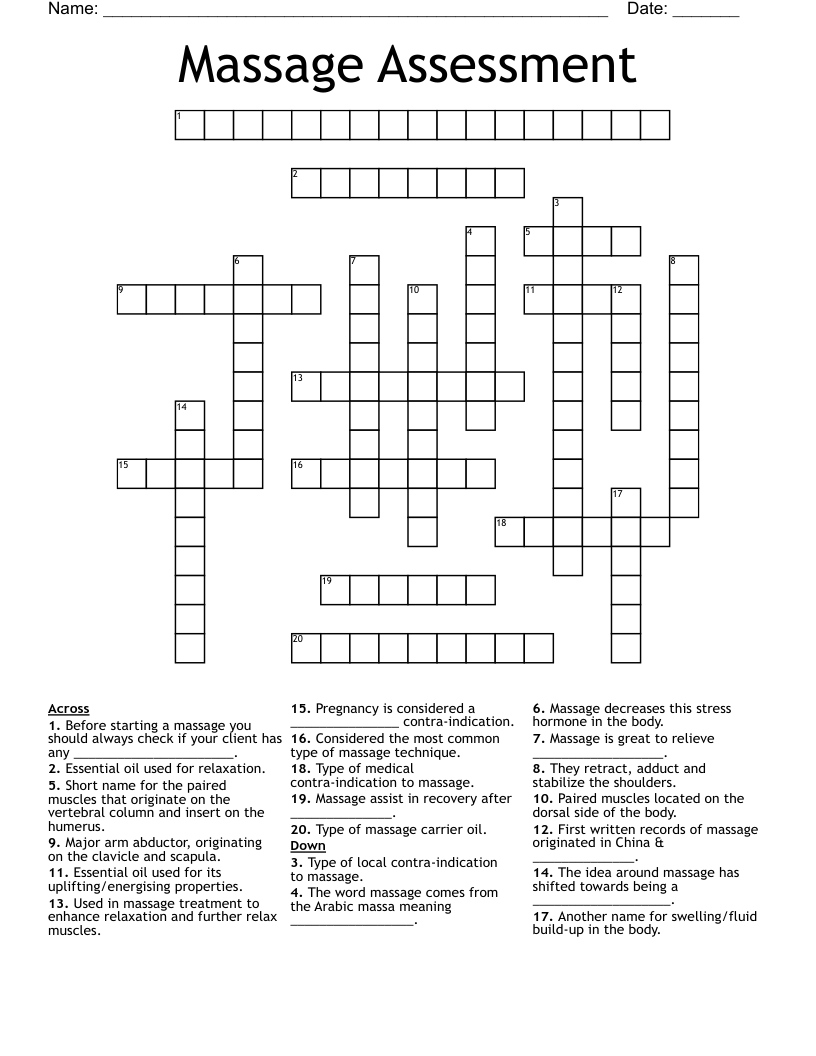 Massage Therapy Crosswords, Word Searches, Bingo Cards WordMint