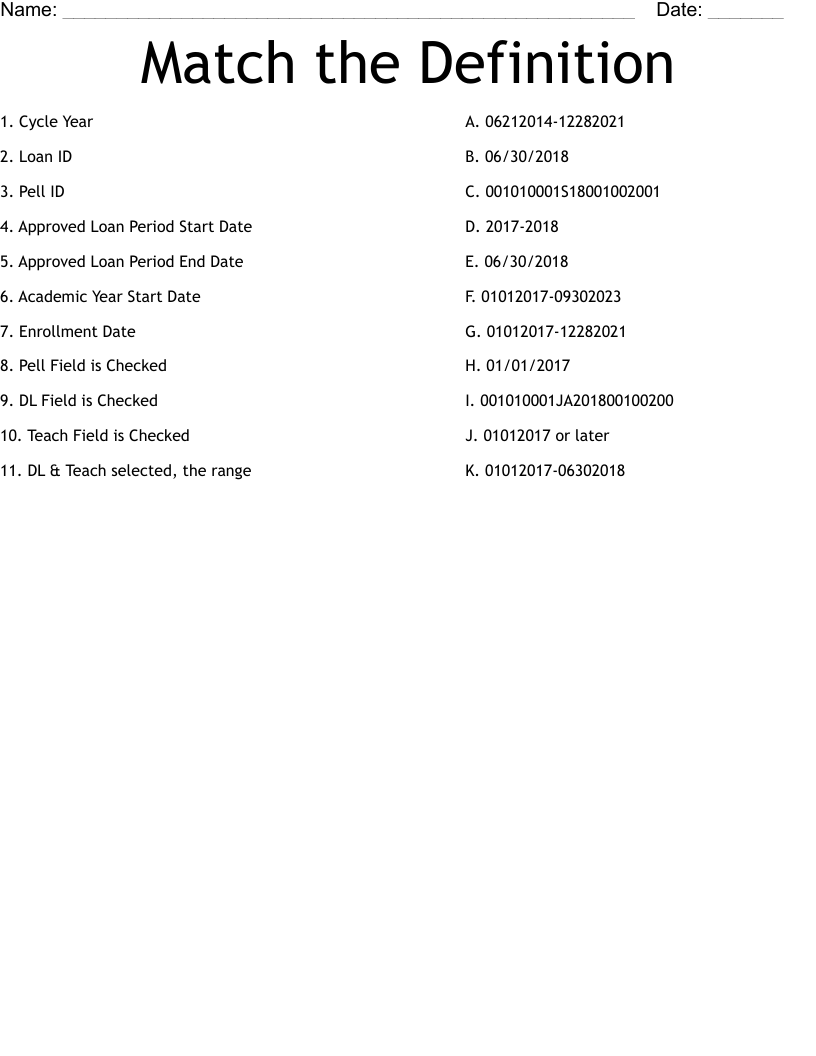 Match the Definition Worksheet WordMint