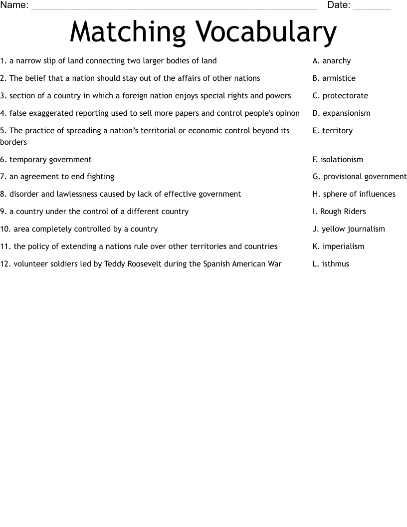 Matching Vocabulary Worksheet WordMint