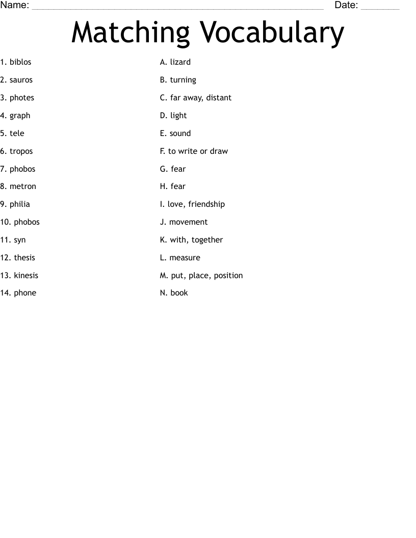 Matching Vocabulary Worksheet - WordMint
