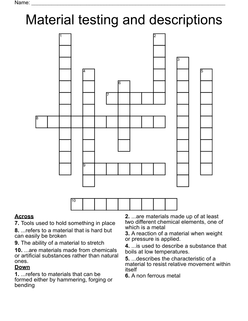 Material testing and descriptions Crossword WordMint
