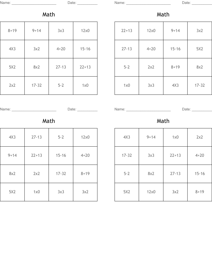 Math Bingo Cards WordMint