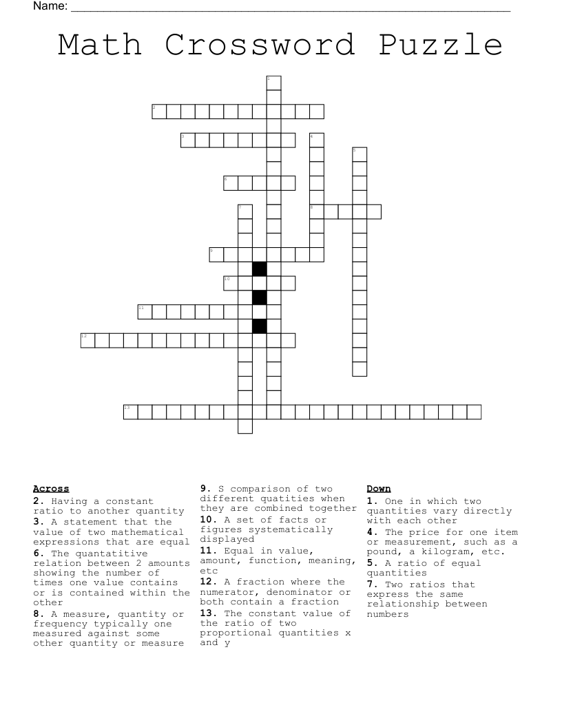 Math Crossword Puzzle WordMint