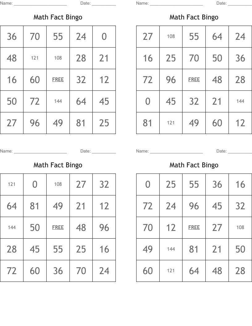 Math Fact Bingo WordMint