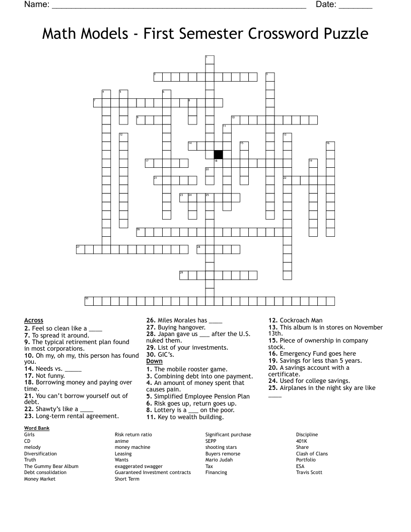 Math Models First Semester Crossword Puzzle WordMint