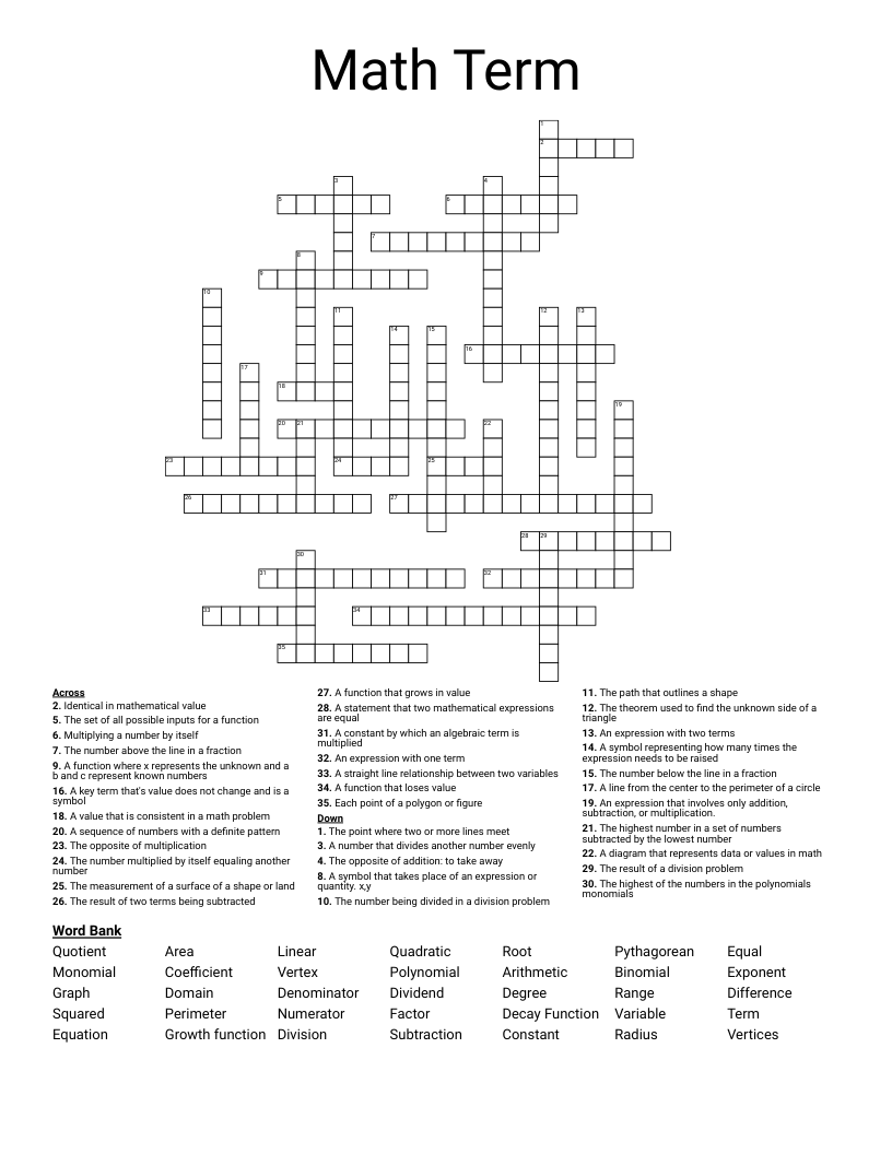 Math Term Crossword WordMint