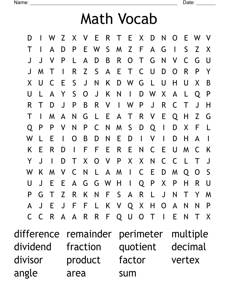 Math Vocab Word Search - WordMint