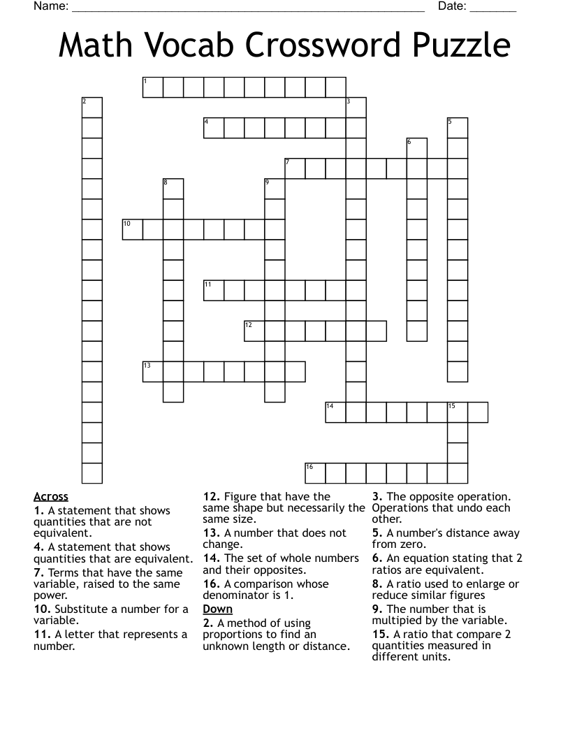 Math Vocab Crossword Puzzle WordMint