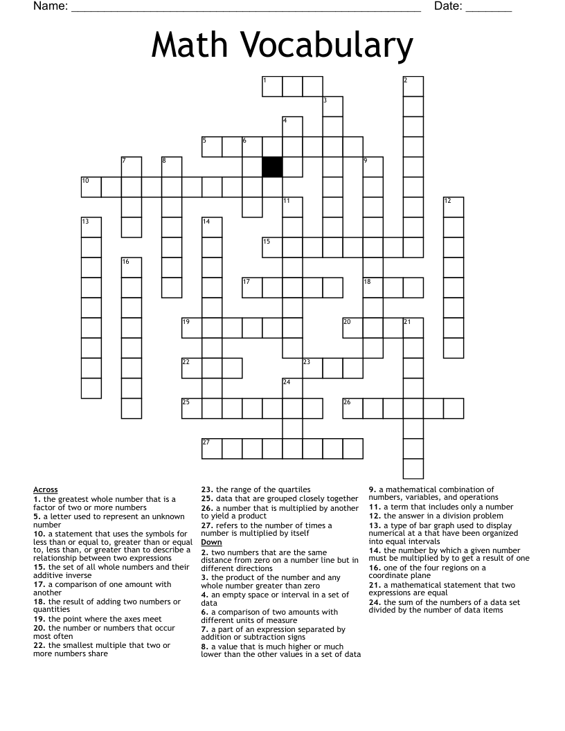Unit 1 Whole Numbers Crossword WordMint
