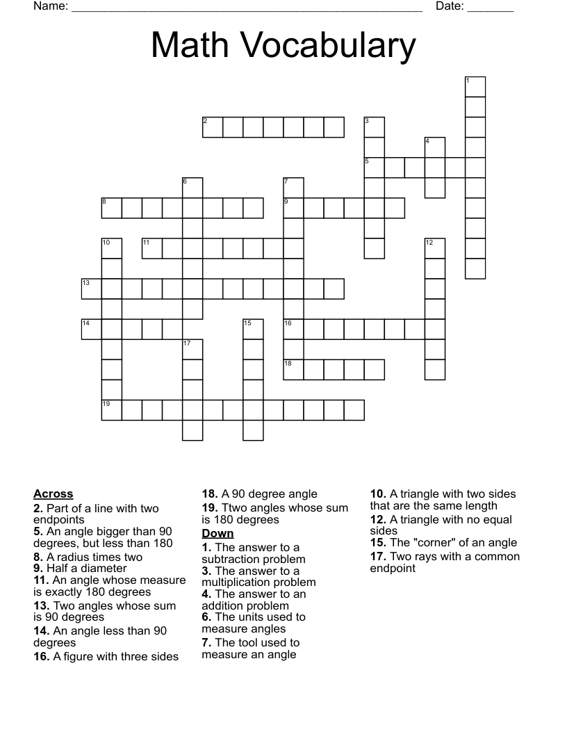 Math Vocabulary Crossword - WordMint