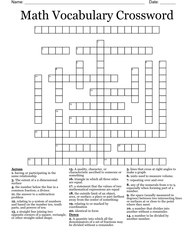 Math Vocabulary Crossword WordMint