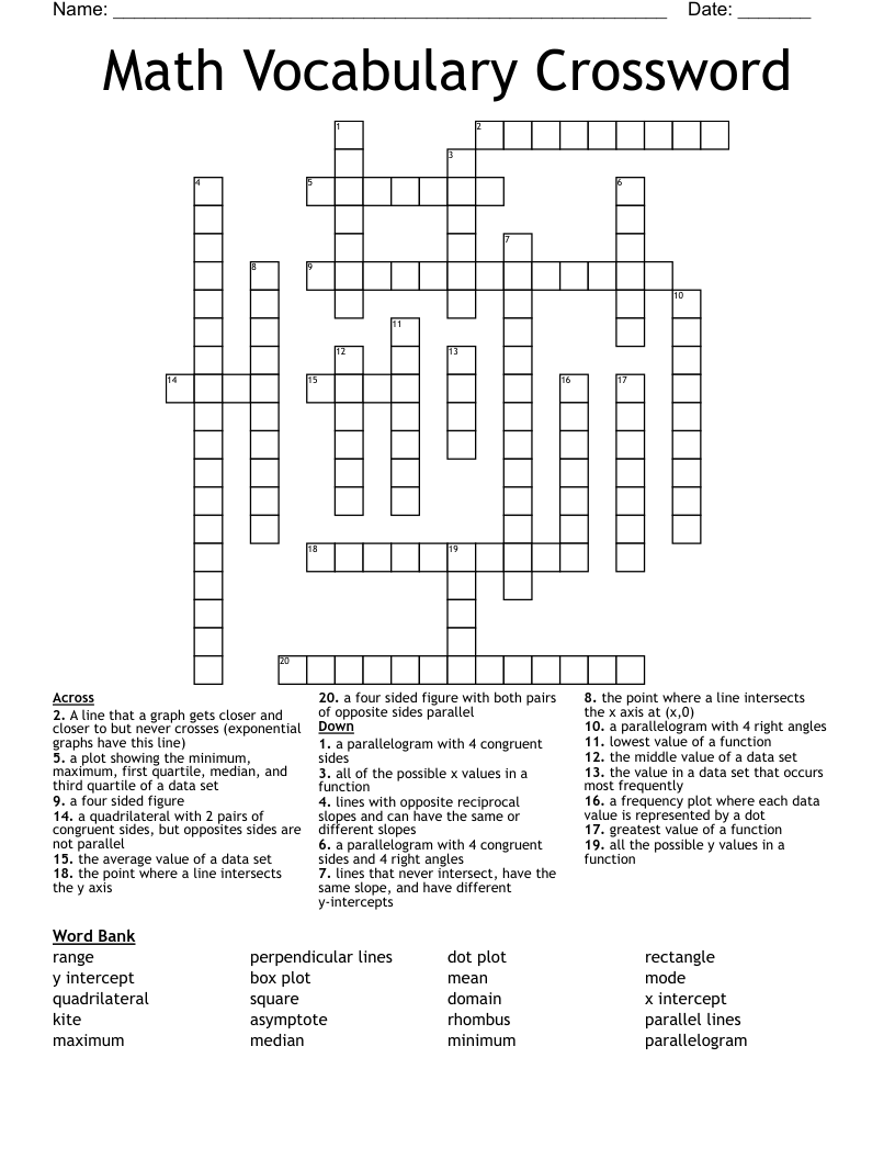 Math Vocabulary Crossword WordMint