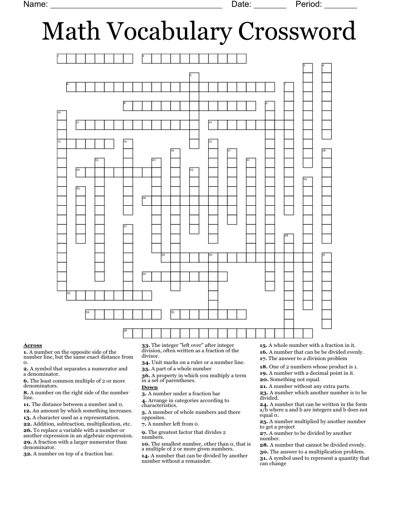 Math Vocabulary Crossword - WordMint