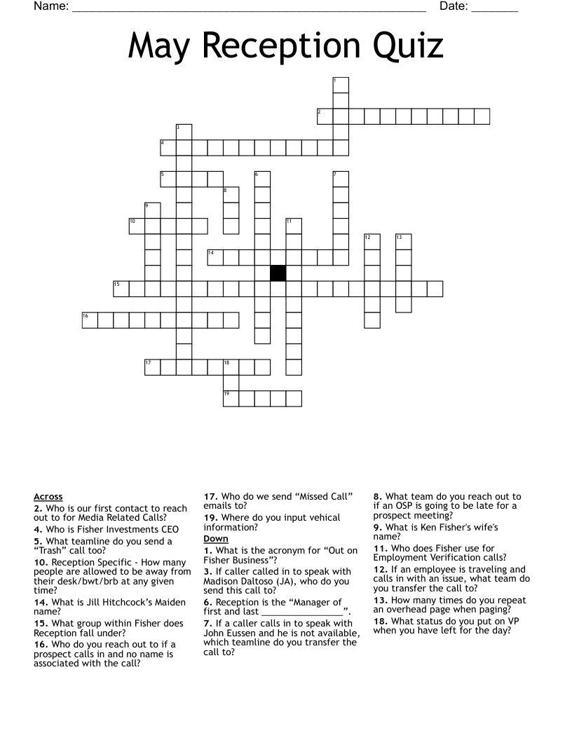 May Reception Quiz Crossword WordMint
