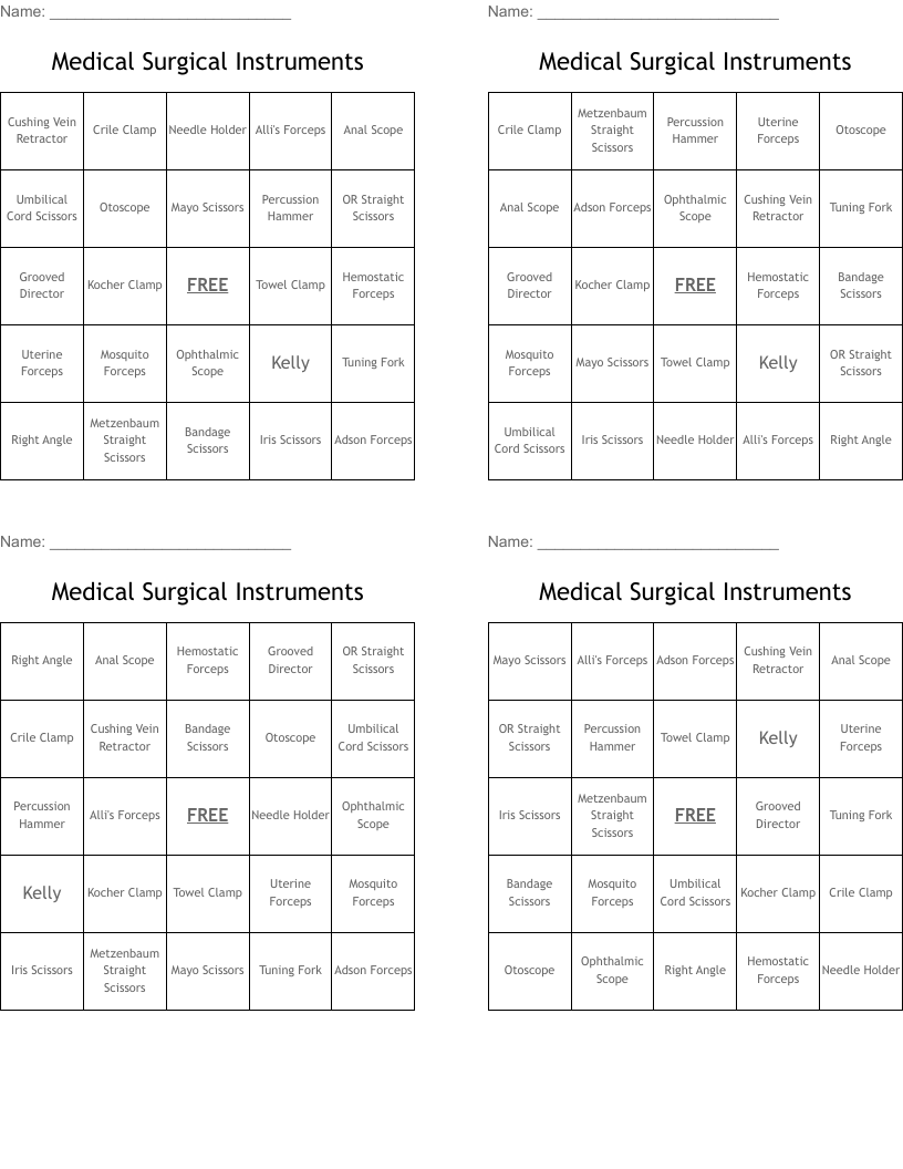 Medical Surgical Instruments Bingo Cards WordMint