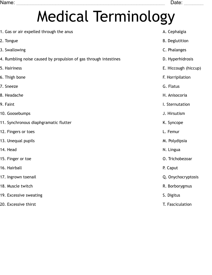 Medical Terminology Worksheet WordMint