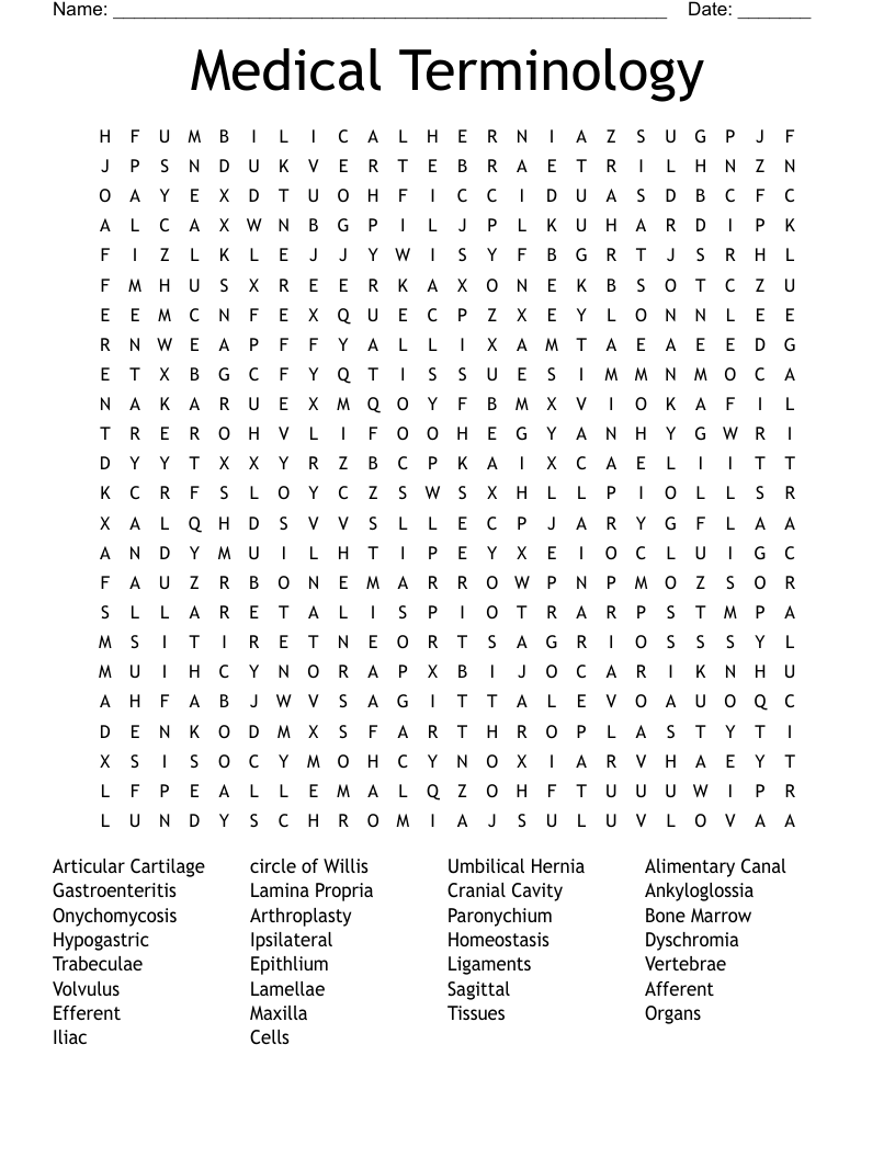 Medical Terminology Word Search - WordMint