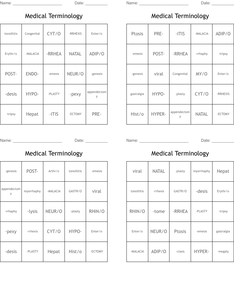 Medical Terminology Bingo Cards WordMint