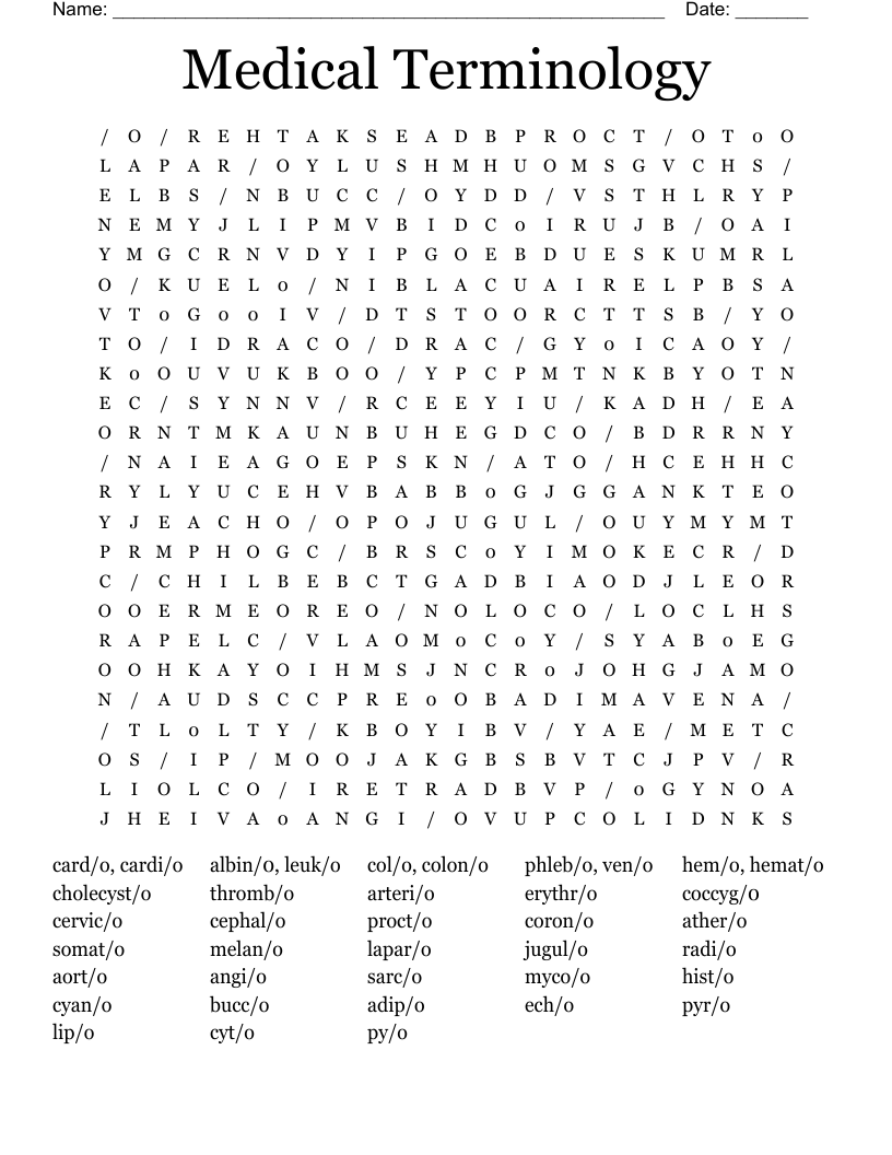 Medical Terminology Crossword Puzzle WordMint