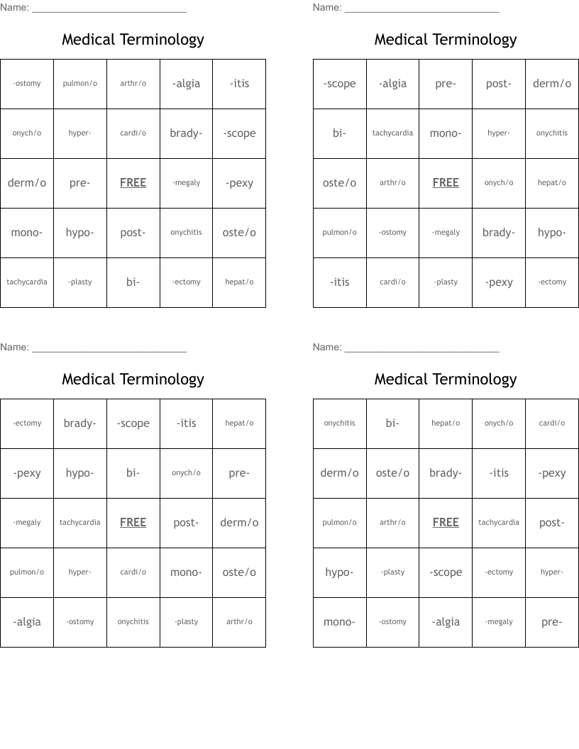 Medical Terminology Bingo Cards WordMint