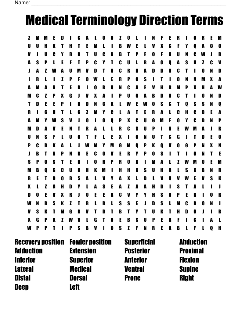 Medical Terminology Direction Terms Word Search - WordMint
