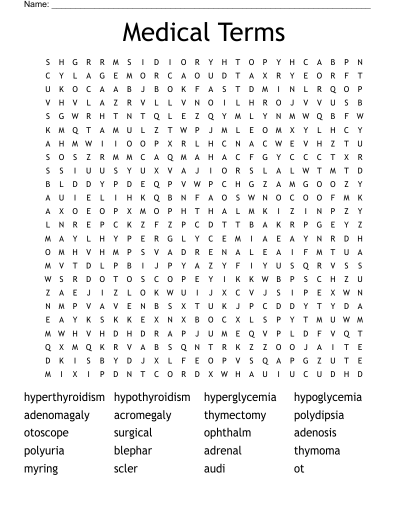 Medical Terminology Word Search Printable