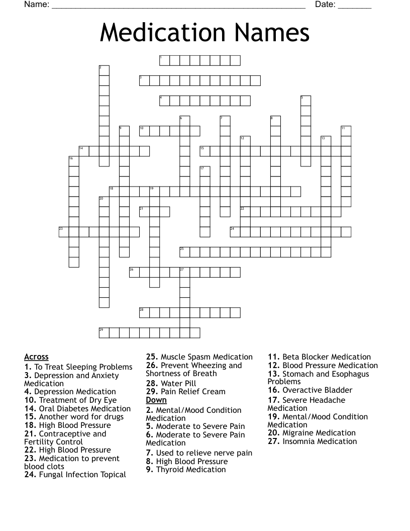 Medication Names Crossword WordMint