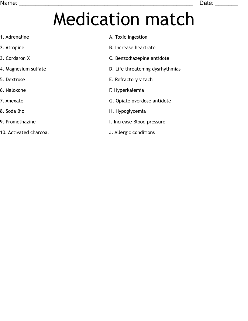 Medication match Worksheet WordMint