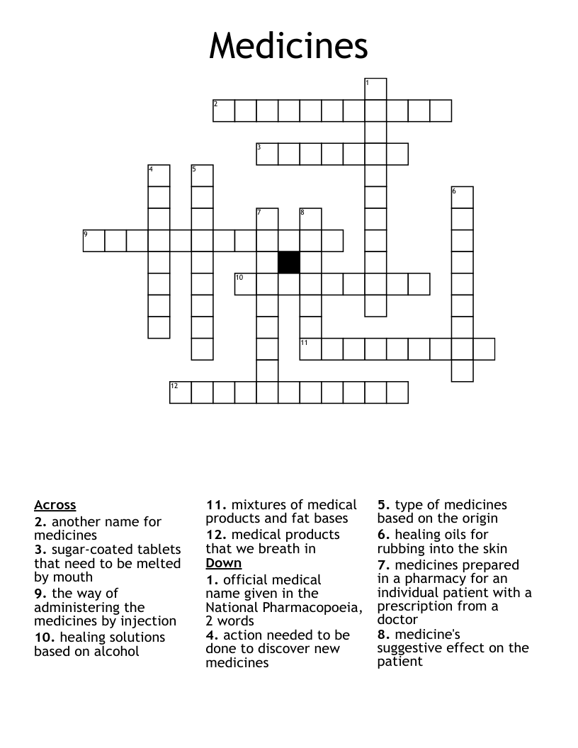 Medicines Crossword - WordMint