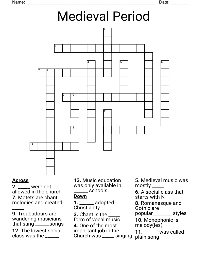Medieval Period Crossword WordMint