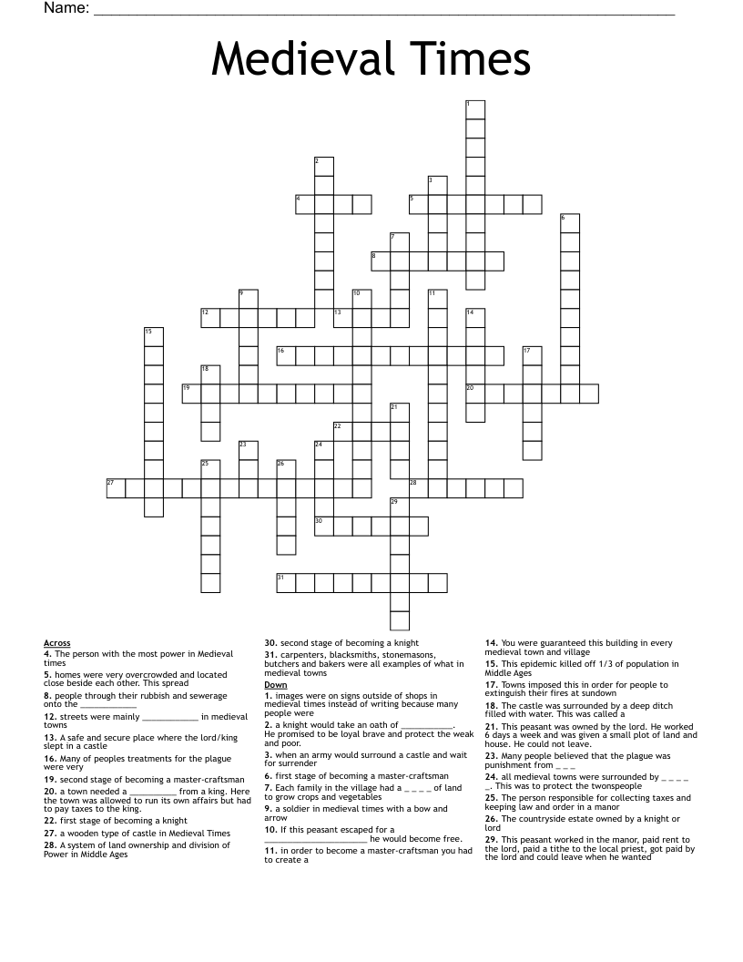 Medieval Times Crossword WordMint