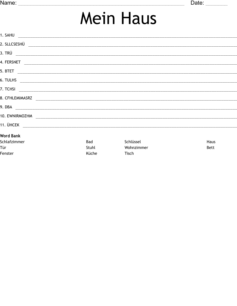 Mein Haus Word Scramble WordMint