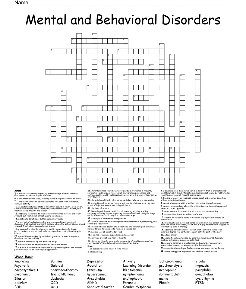 Mental and Behavioral Disorders Crossword WordMint
