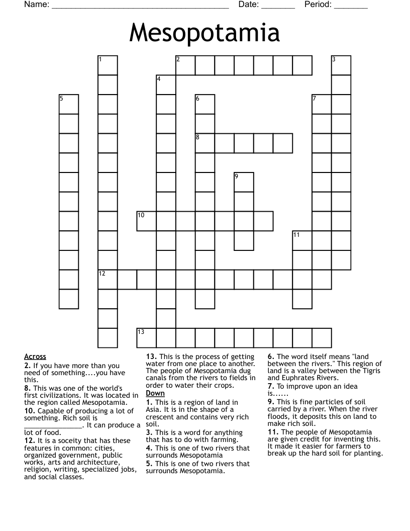 Mesopotamia Vocabulary Crossword WordMint