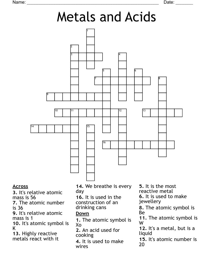 Metals and Acids Crossword WordMint
