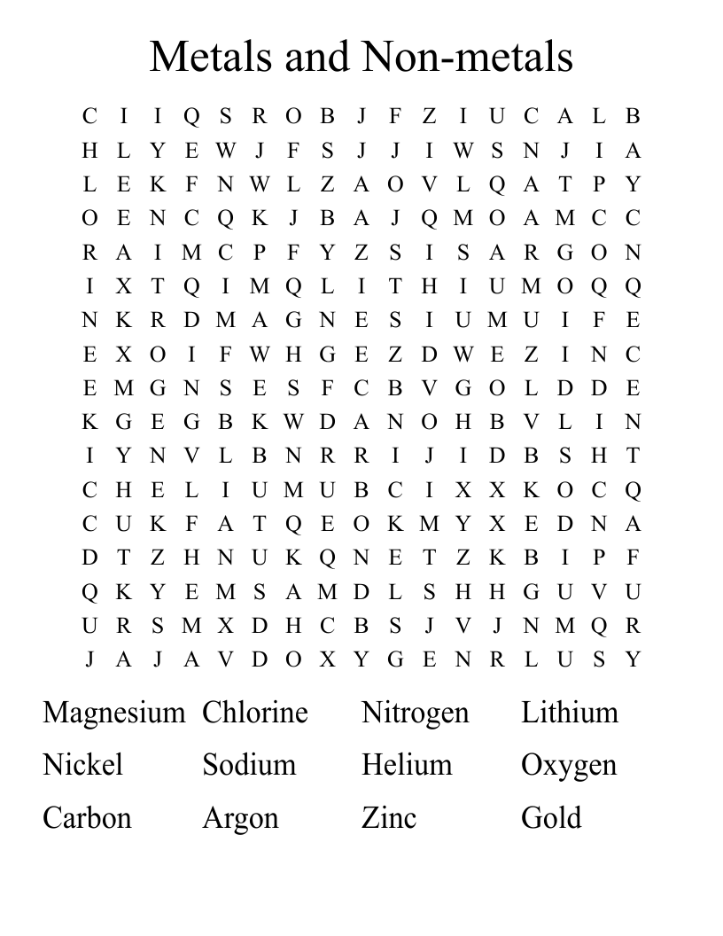 Metals and Nonmetals Word Search WordMint