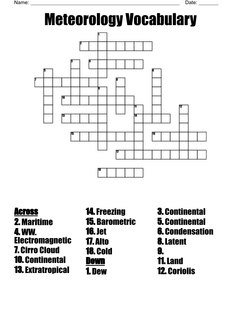 Meteorology Vocabulary Crossword WordMint