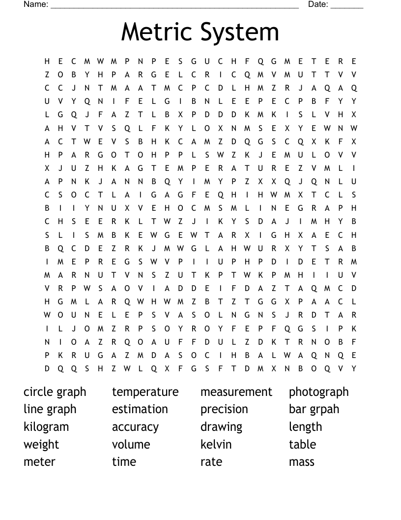 Metric System Word Search - WordMint