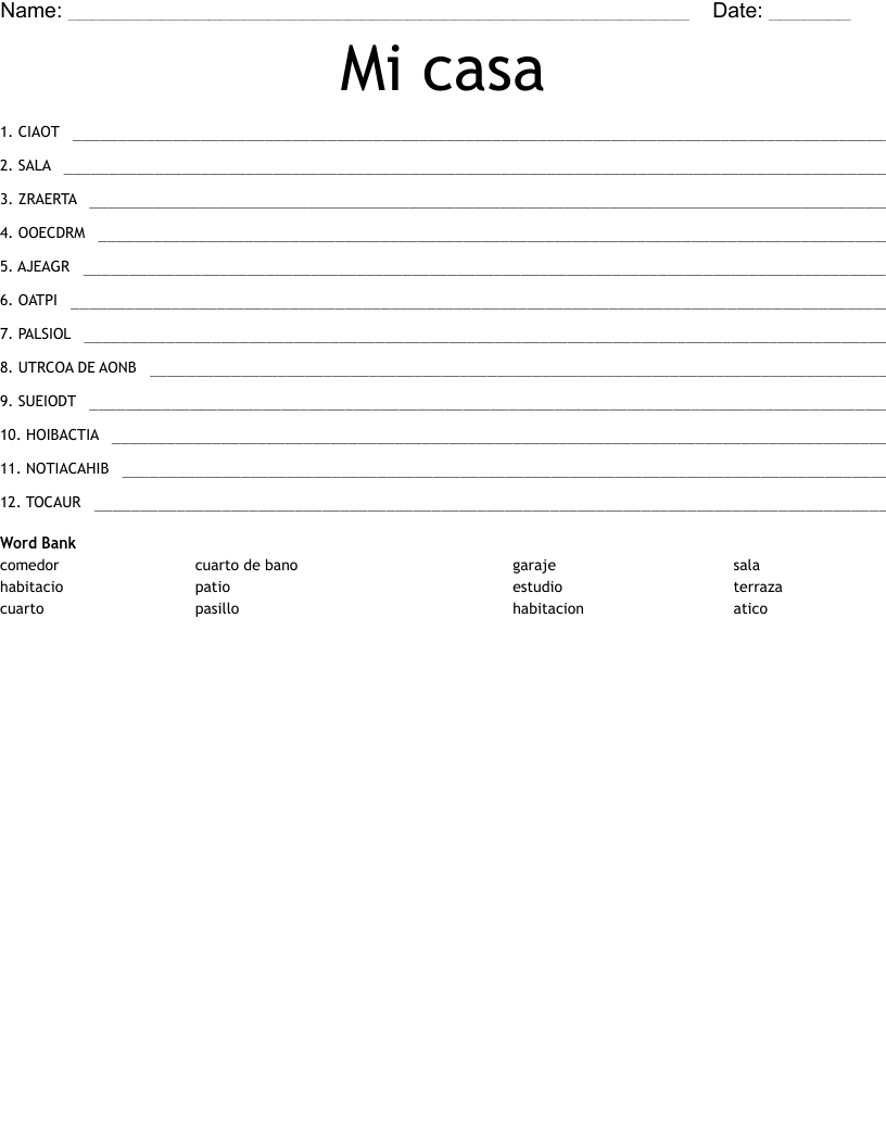 Mi casa Word Scramble WordMint